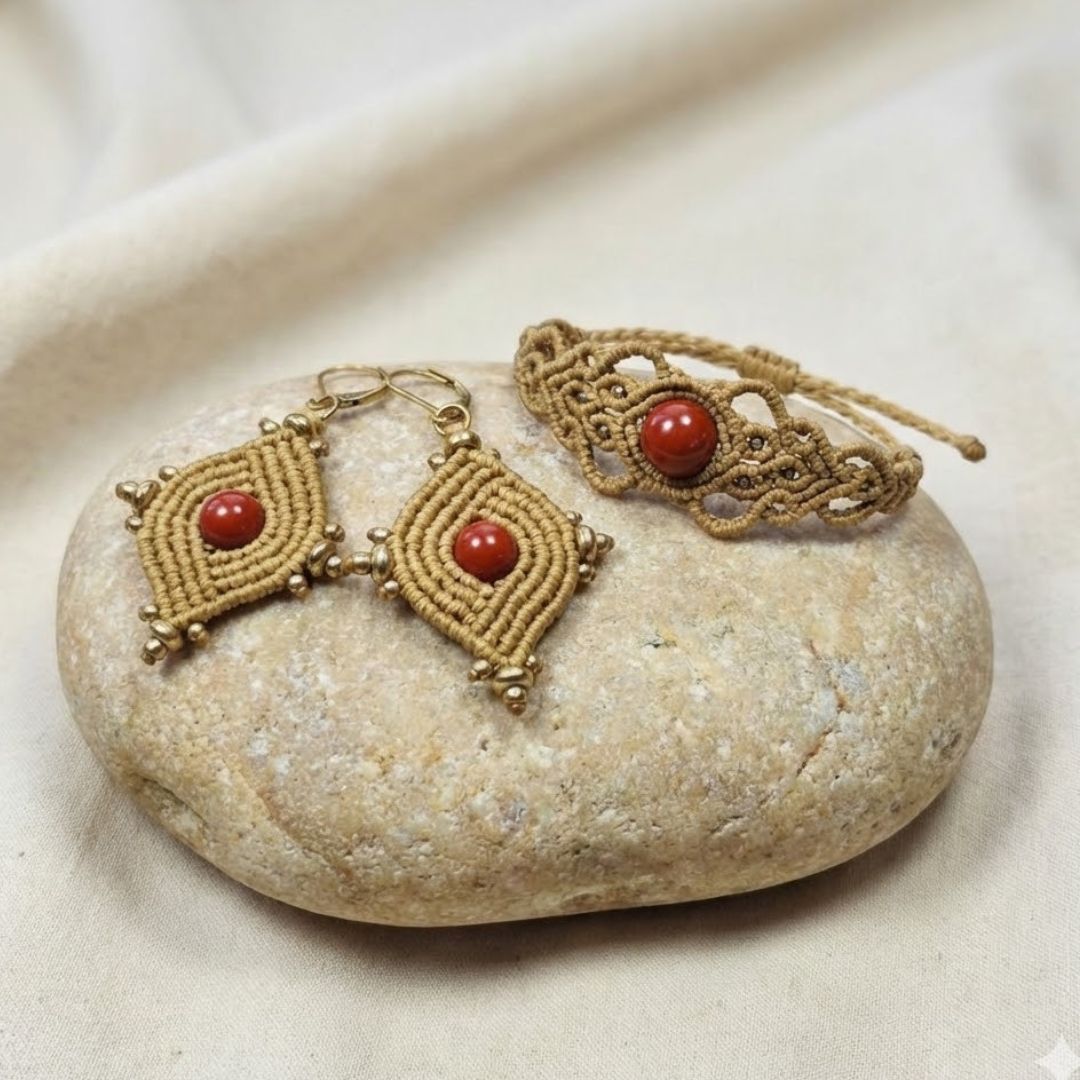 עגילי הופי חום קאמל עם גספר אדום לצד צמיד גאיה תואם באותם גוונים וחרוזי בראס, הצעת סט בגווני אדמה ואדום