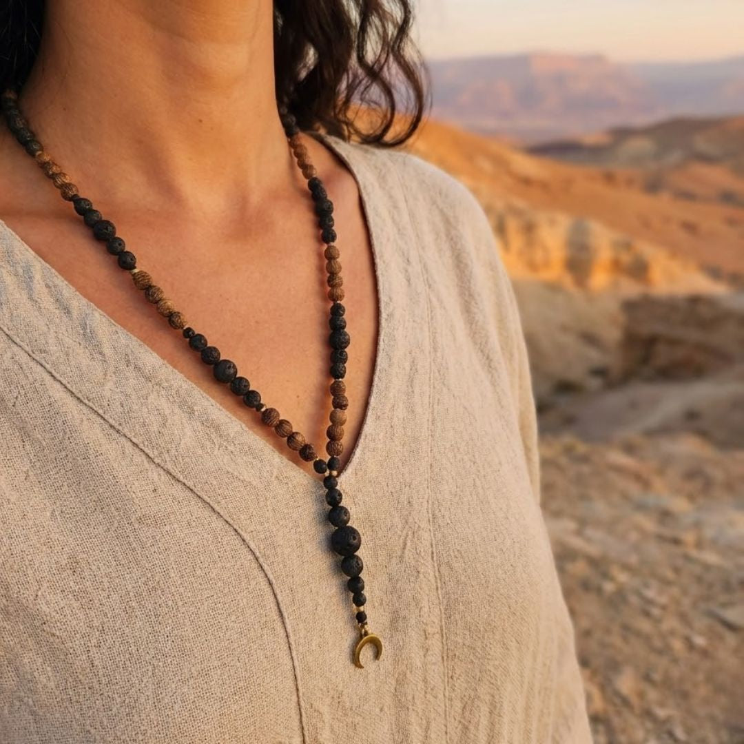 שרשרת מאלה 'ירח פראי' עם אבני בזלת וחרוזי עץ ותליון ירח קטן מבראס, על דוגמנית עם גלבייה בצבע טבעי במדבר באור שקיעה, מאלה ארוכה עד אמצע החזה