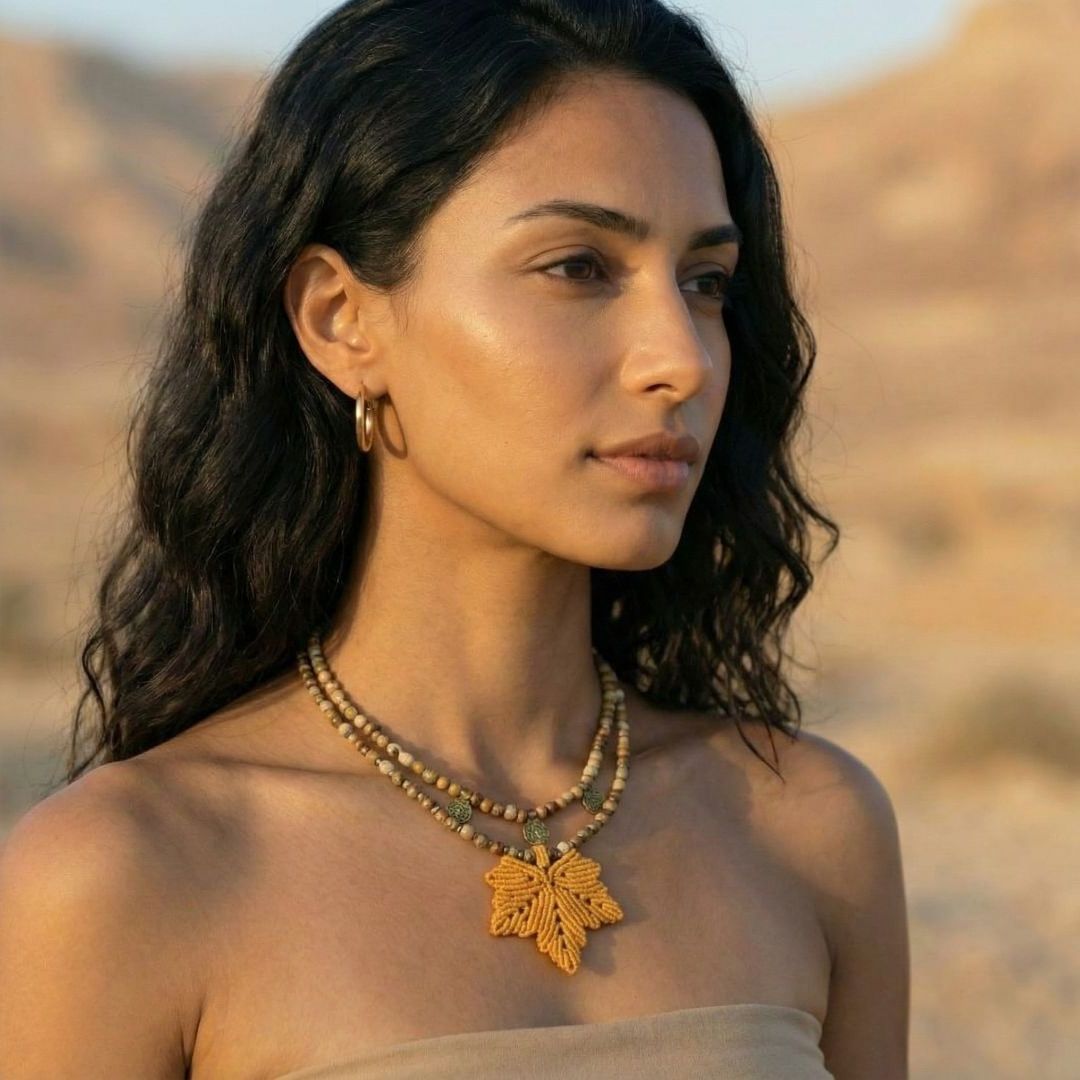 שרשרת מקרמה 'אלה' עלה צהוב על רקע מדברי, שכבות פיקצ'ר ג'ספר בשילוב תליוני בראס