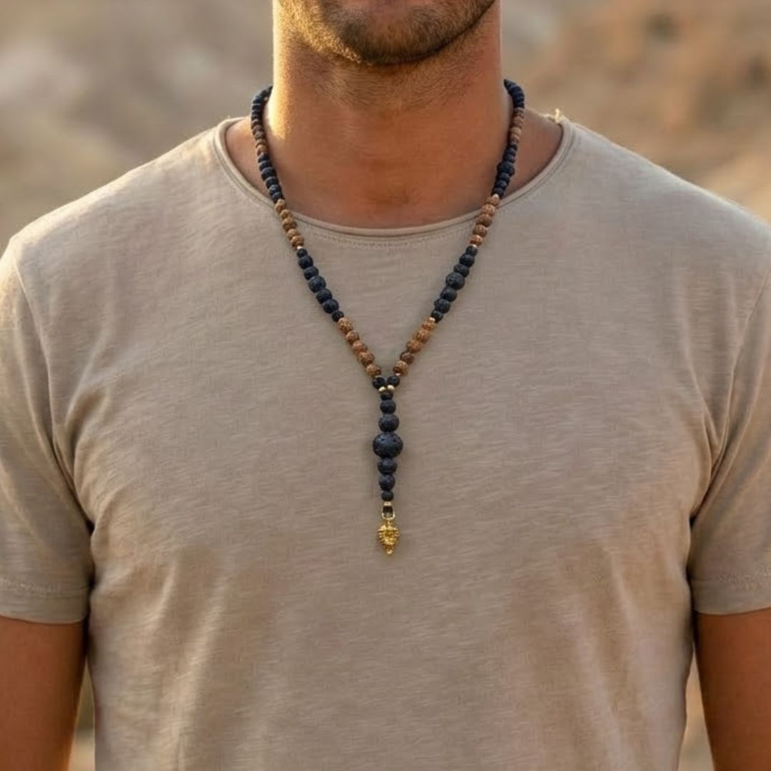 מאלה 'רוח שבטית' - מאלה לגבר עם אבני בזלת בגדלים שונים וחרוזי עץ ותליון חץ קטן מבראס, על דוגמן עם חולצה בצבע טבעי במדבר, מאלה ארוכה עד אמצע החזה