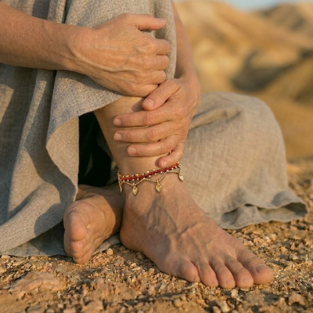 צמיד רגל פושקר מקרמה חמרה עם חרוזי זכוכית צהבהבים ותליוני בראס על קרסול בנוף מדברי