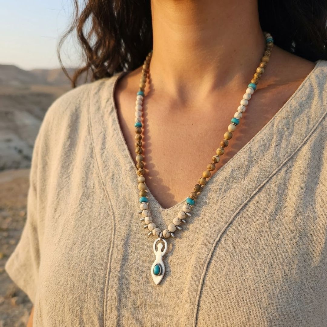 מאלה 'אם הדרך' עם אבני היולייט ו-פיקצ'ר ג'ספר ותליון אלה קדומה כסופה על דוגמנית עם גלבייה טבעית בזווית 45 מעלות באור שקיעה מדברי
