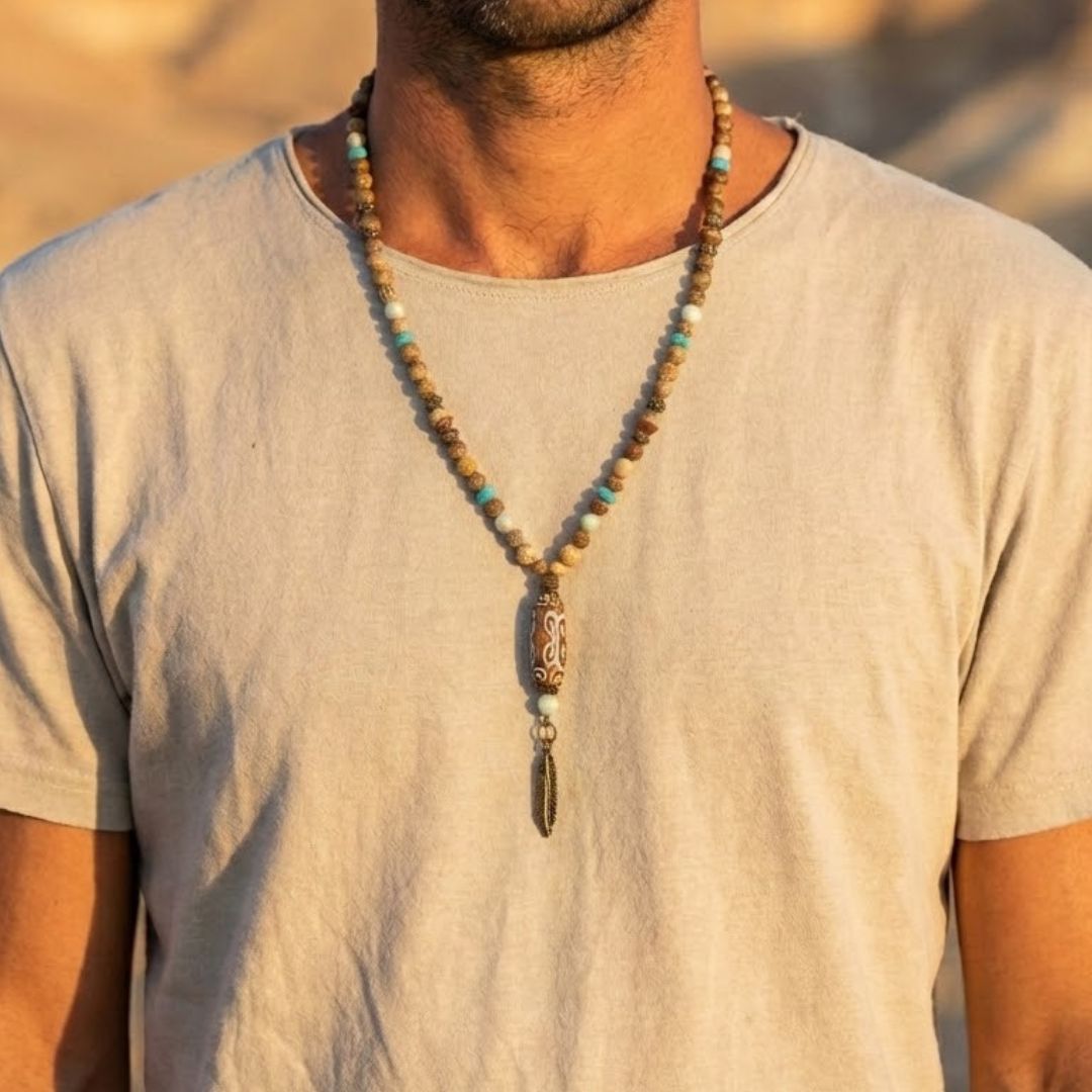 מאלה 'אלמנט המים' - מאלה לגבר עם אבני פיקצ'ר ג'ספר, טורקיז ואמזונייט, חרוזי עץ וחרוזי פליז במראה עתיק עם אגת טיבטי ותליון פליז, שרשרת מאלה ארוכה עד אמצע החזה